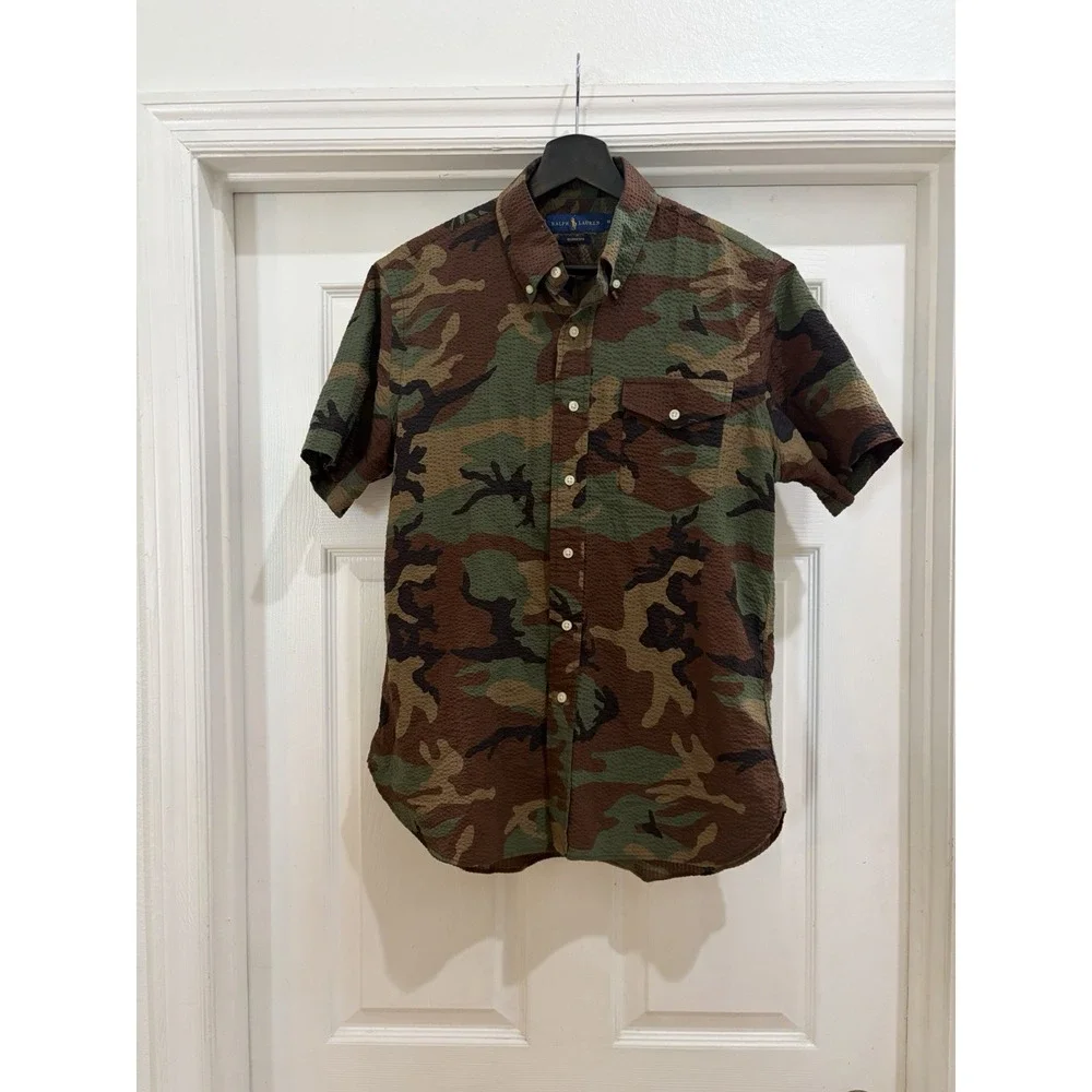 Ralph Lauren Polo Seersucker Camo Shirt Button Down Men Sz M Slim Fit Military